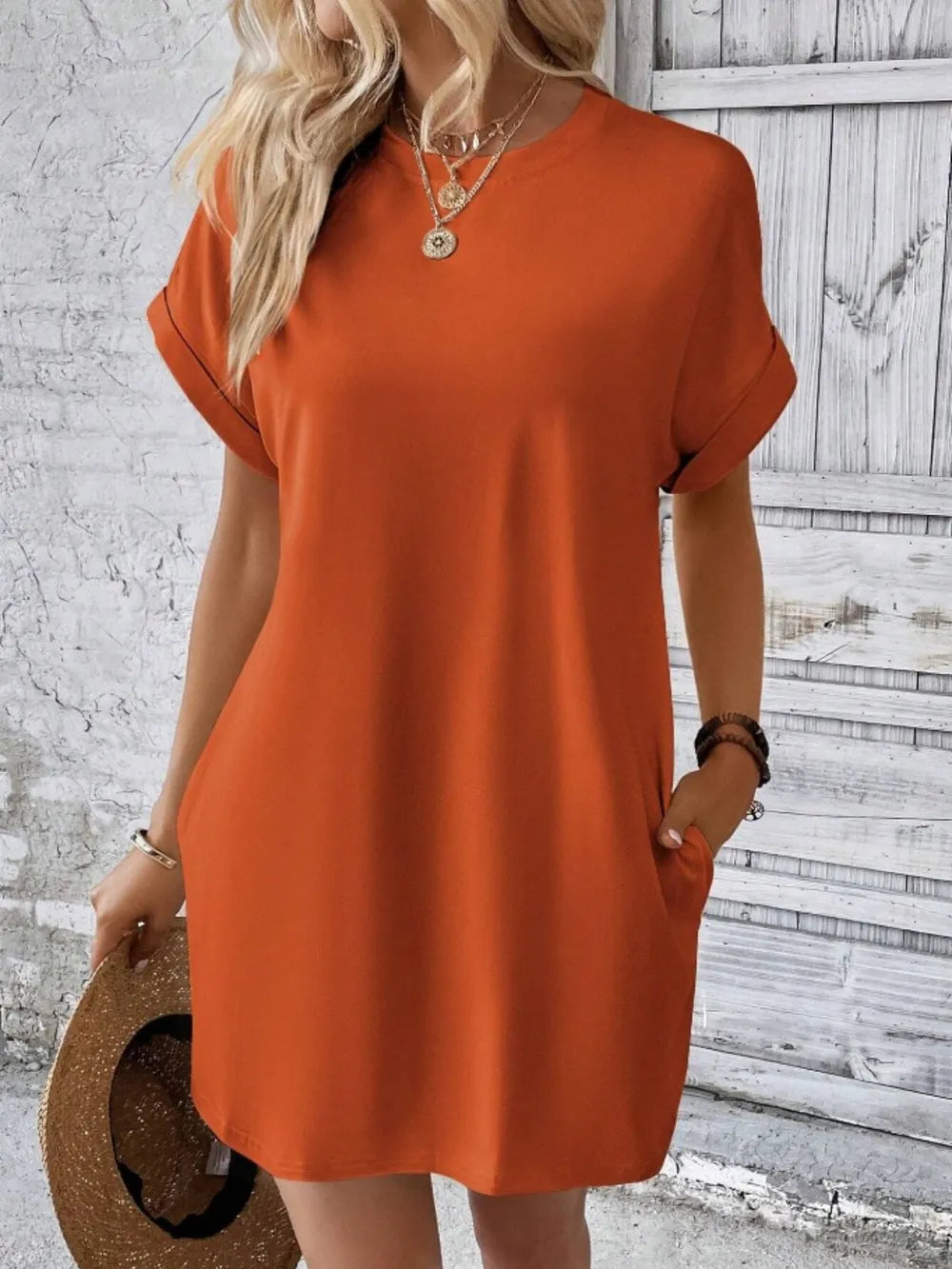 Pocketed Round Neck Short Sleeve Dress - kinko