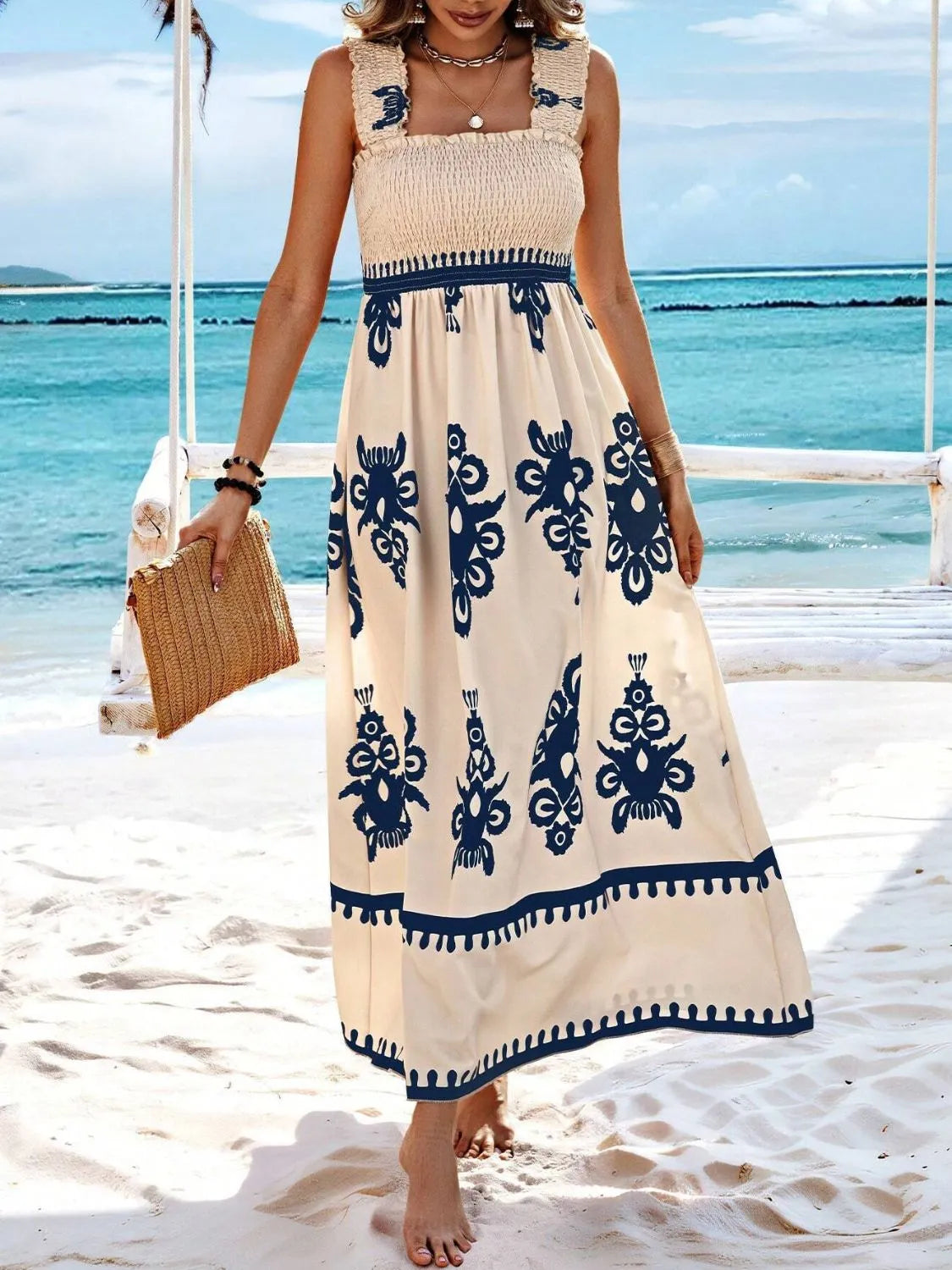 Smocked Printed Wide Strap Maxi Dress - kinko