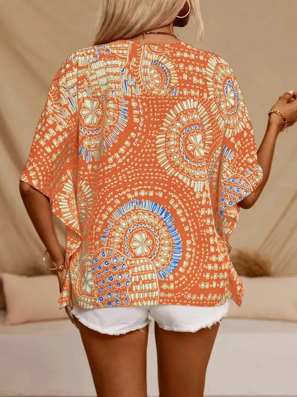 Printed V-Neck Half Sleeve Top - kinko
