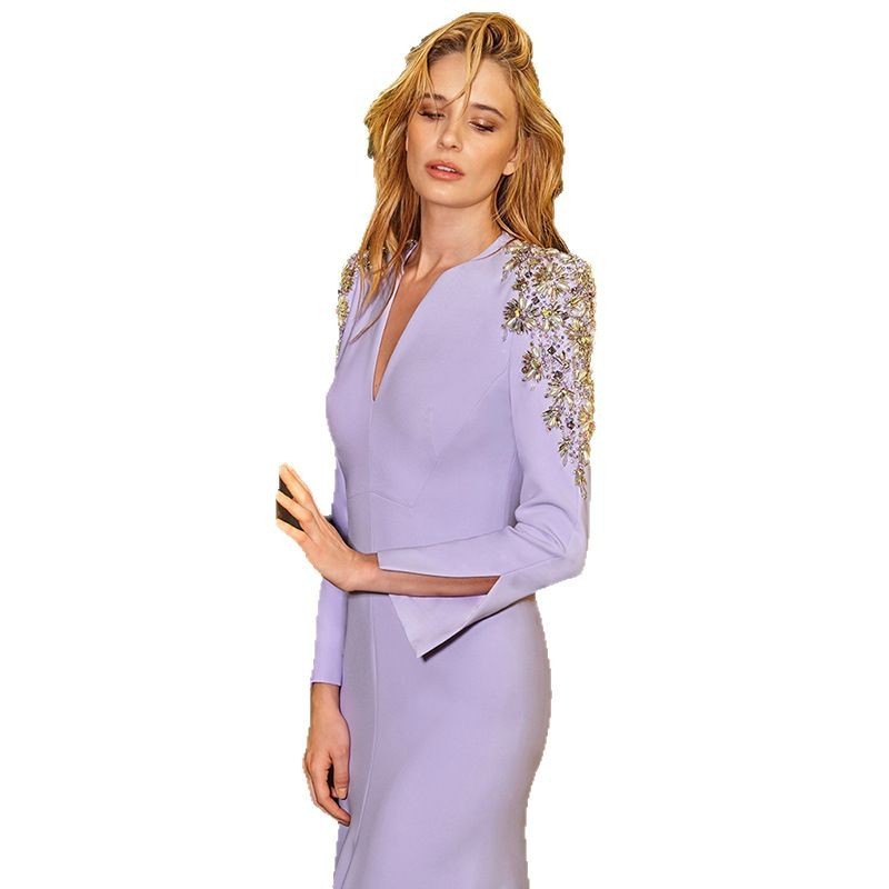 Heavy Industry Beads Diamond Front Slit Small Trailing Dress - kinko