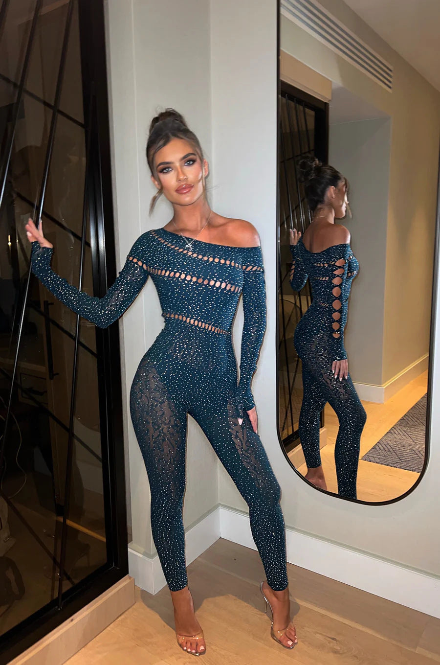 One-piece Long Sleeves Hot Rhinestone Shiny Fishnet Clothes Sexy Lingerie - kinko