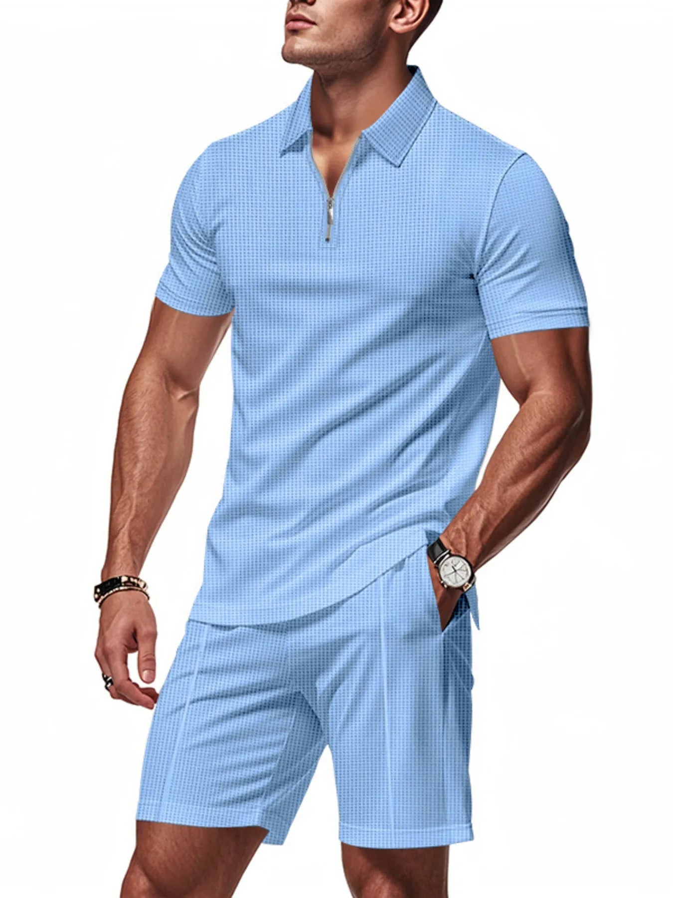 Men's Plus Size Quarter Zip Short Sleeve Top and Shorts Set - kinko