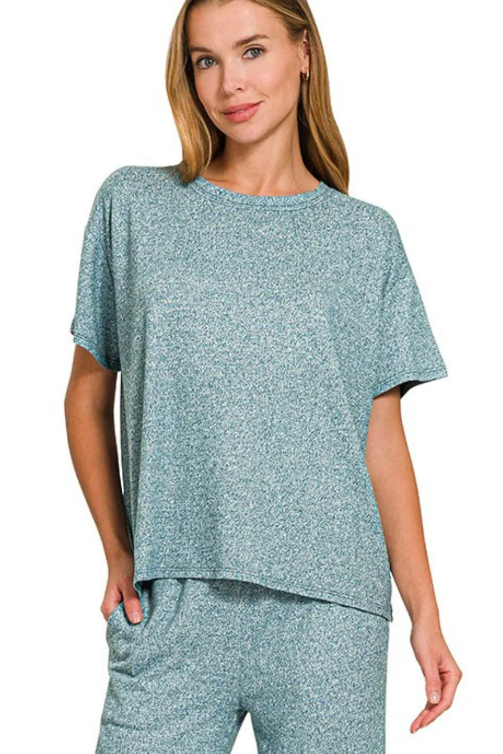 Zenana Soft Melange Short Sleeve Tee & Long Pants Set - kinko