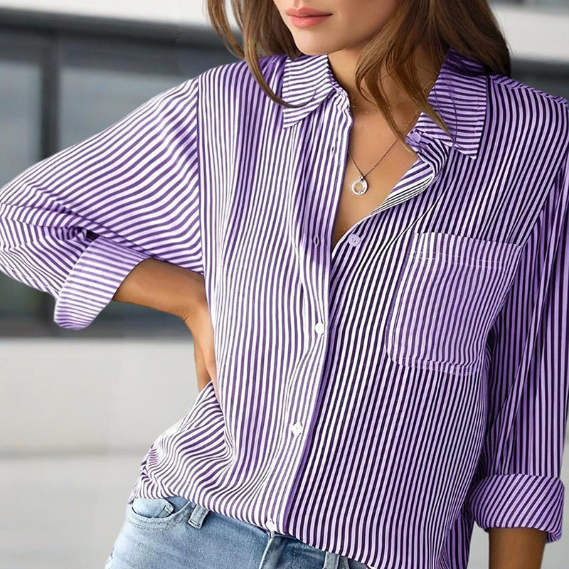 Women's Elegant Striped Long Sleeve Shirt - Pointed Lapel Collar With Chest Pocket, Button-Up Casual Blouse For Spring&Fall - kinko