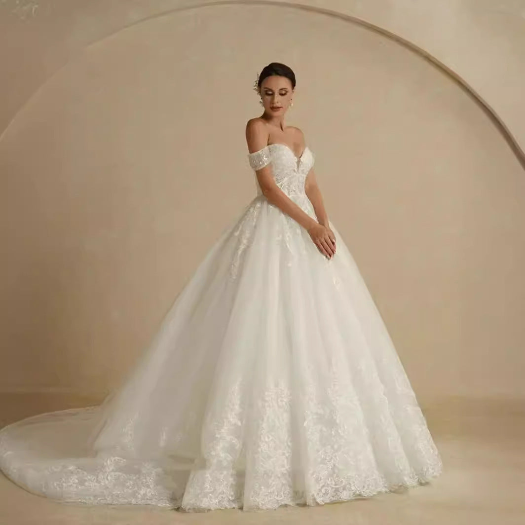 Off-shoulder Bridal Main Wedding Dress Elegant Court Style High-grade Luxury French Light Door Yarn - kinko