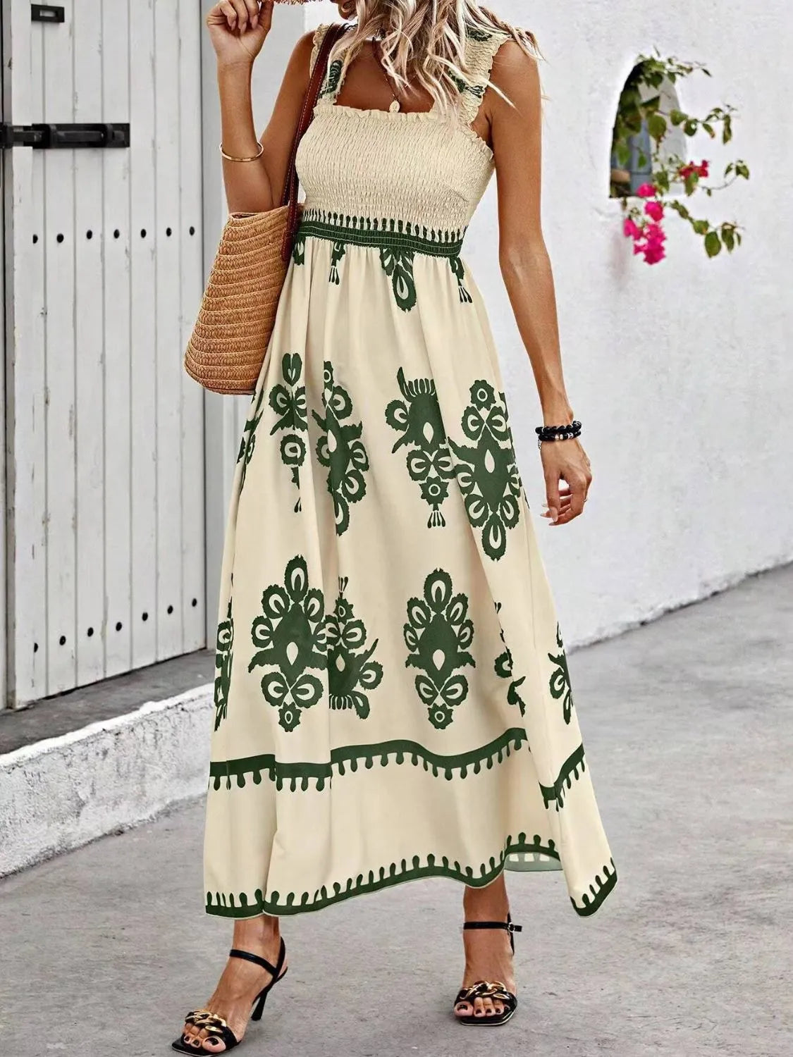 Smocked Printed Wide Strap Maxi Dress - kinko