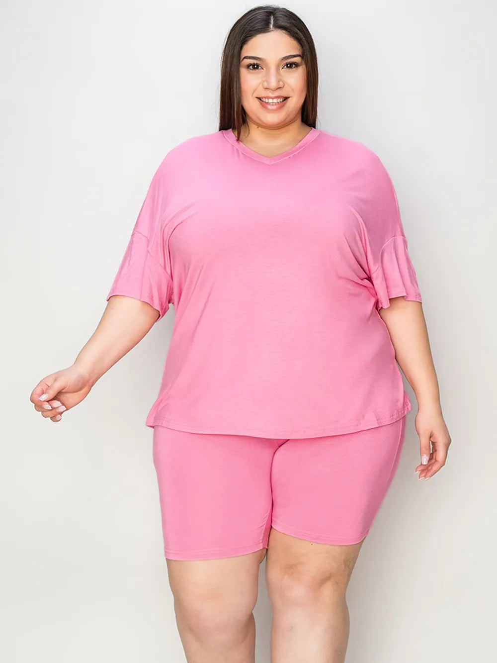 Basic Bae Full Size V-Neck Drop Shoulder T-Shirt and Shorts Set - kinko