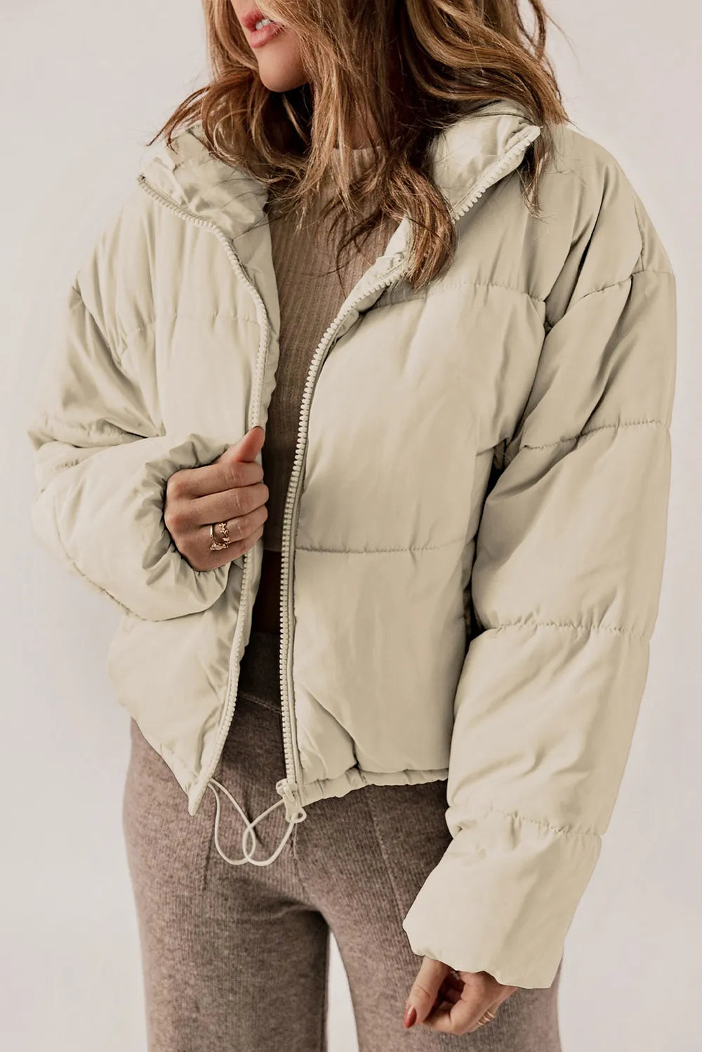 Zip Up Collared Neck Long Sleeve Winter Coat - kinko