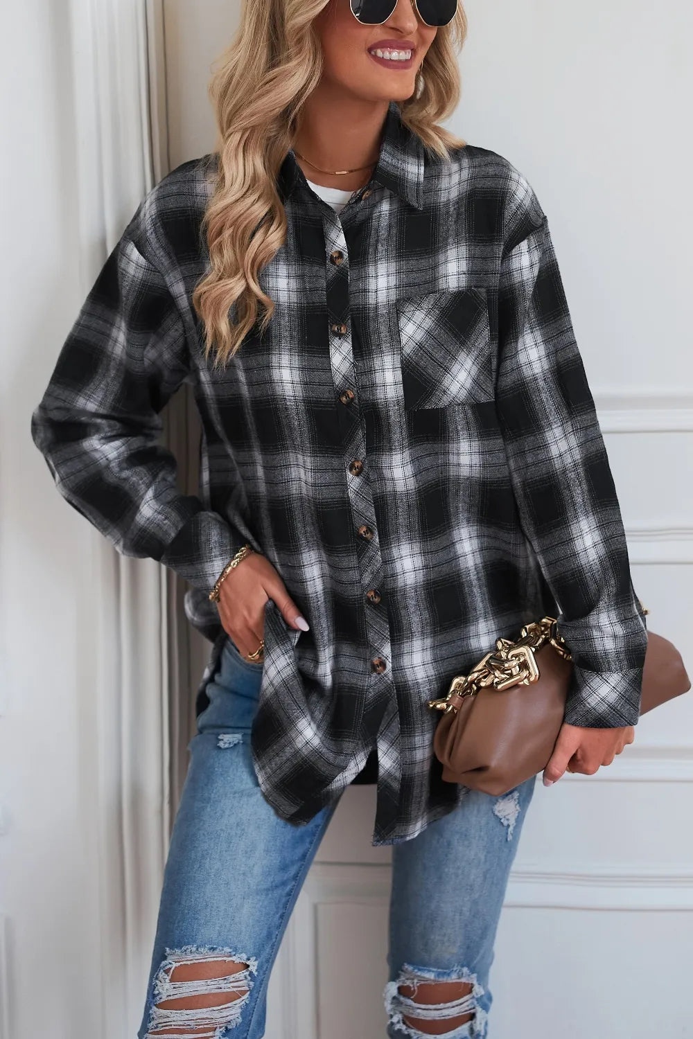 Plaid Button Up Dropped Shoulder Outerwear - kinko
