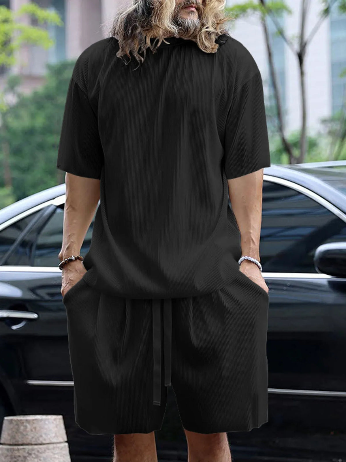Men's Full Size Round Neck Short Sleeve Top and Shorts Set Plus Size - kinko