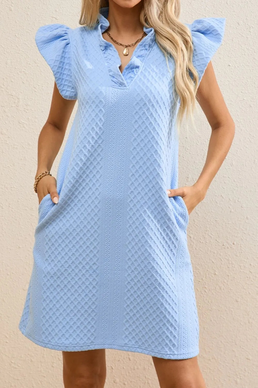 Ruffled V-Neck Cap Sleeve Mini Dress - kinko