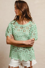 BiBi Openwork Crochet Short Sleeve Knit Top - kinko