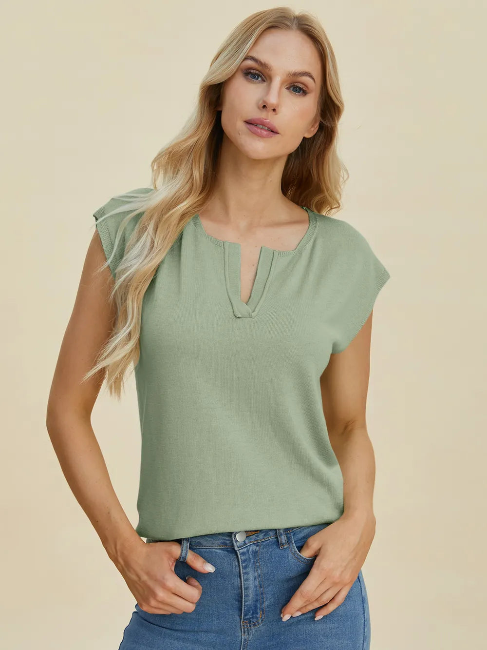 Double Take Full Size Notched Cap Sleeve Knit Top - kinko