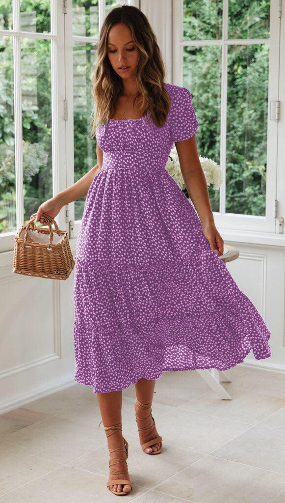Square Collar Short Sleeve Dress Summer Puff Floral Printed Dress Long Dresses - kinko