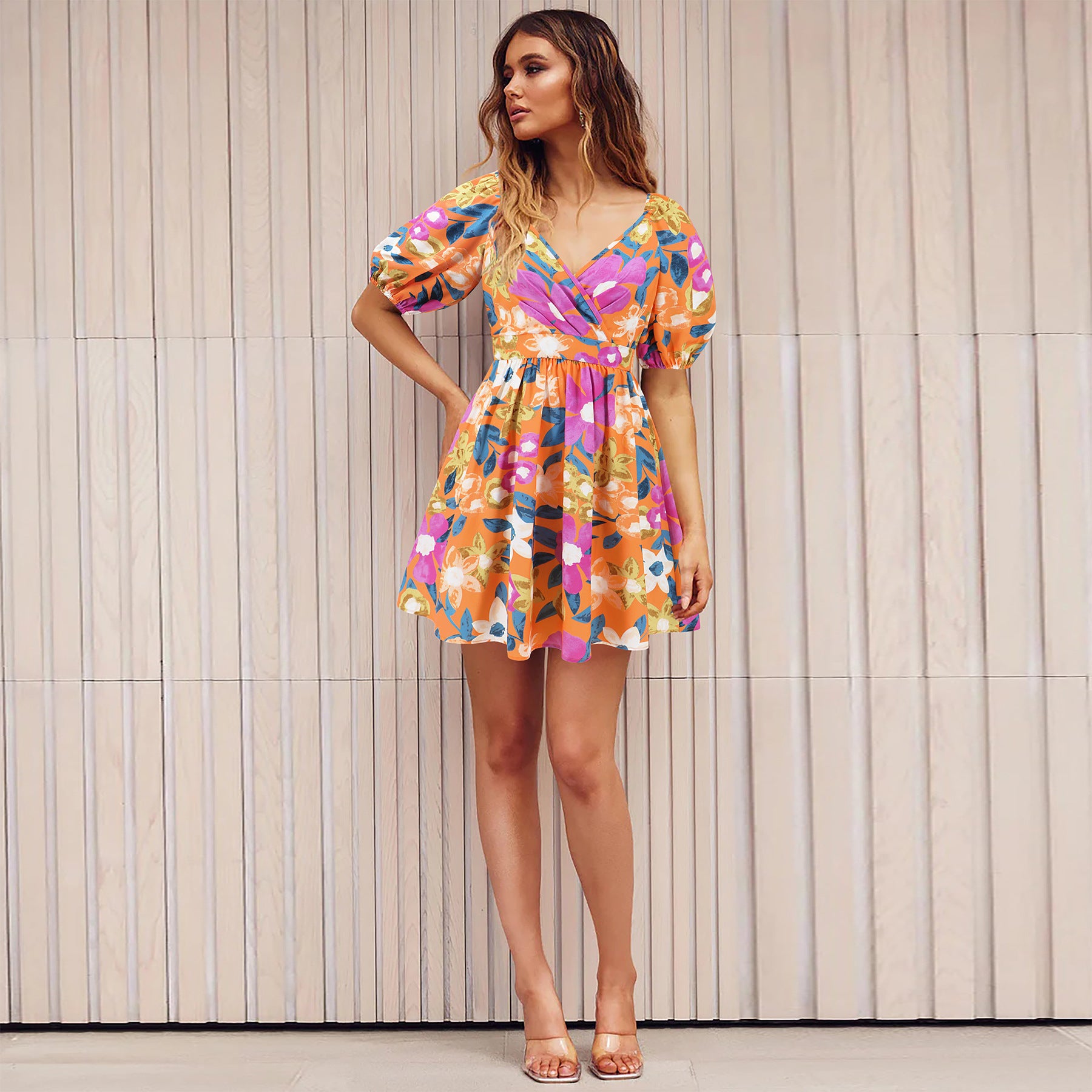Flowers Print V-Neck Lantern-sleeve Dress Y2K Summer Vacation Beach Short Dresses Fashion Womens Clothing - kinko