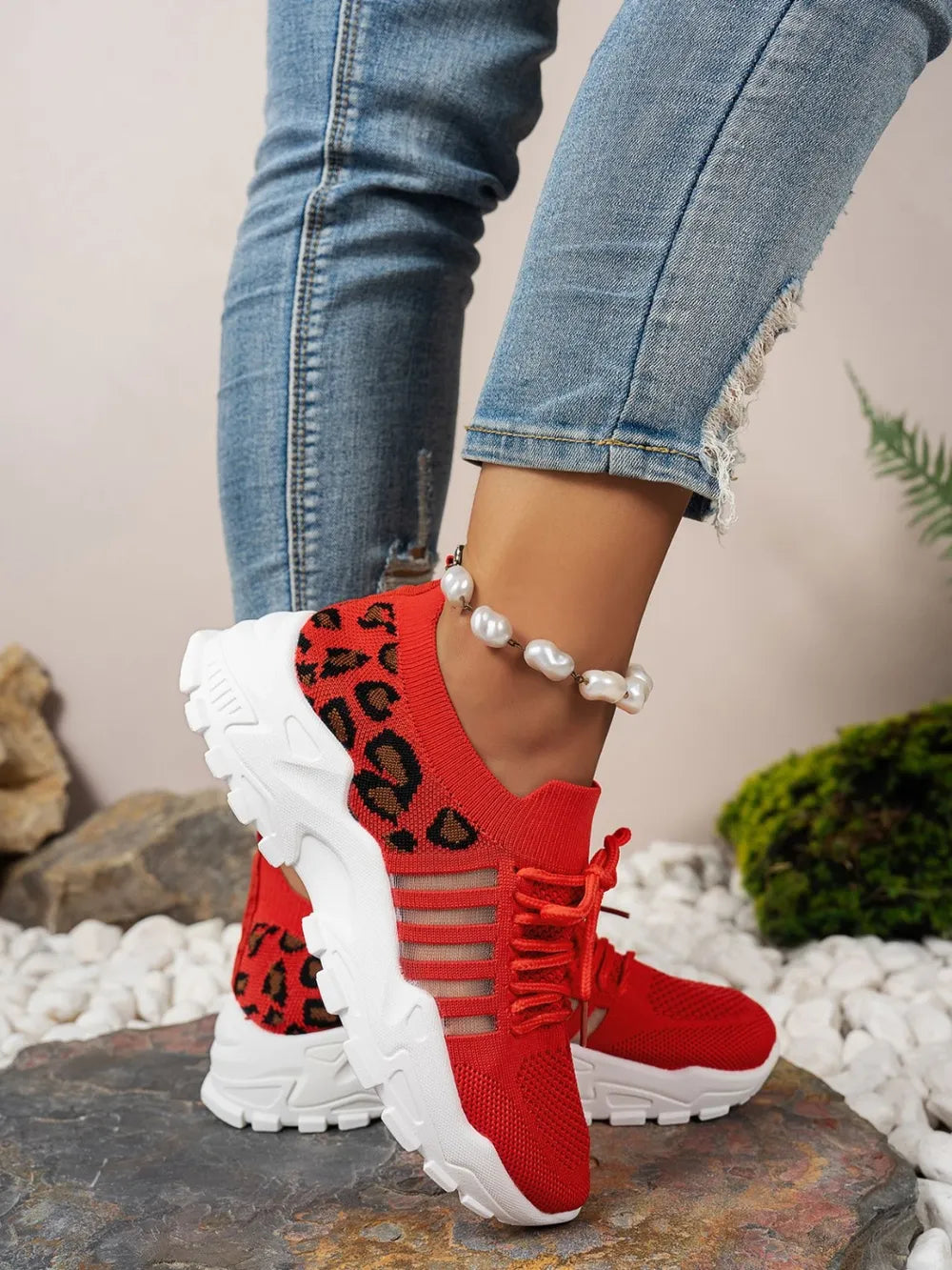 Cutout Leopard Lace Up Mesh Athletic - kinko