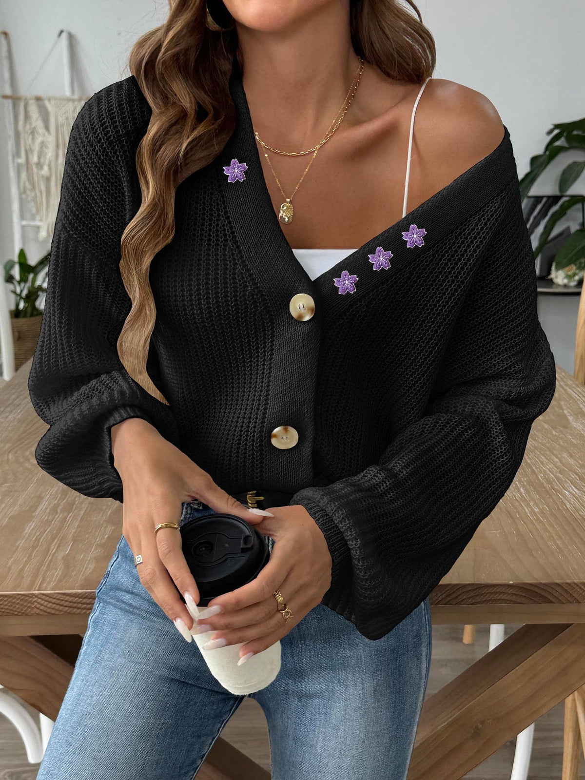 Embroidered Stickers Short Button Coat Sweater Cardigan - kinko