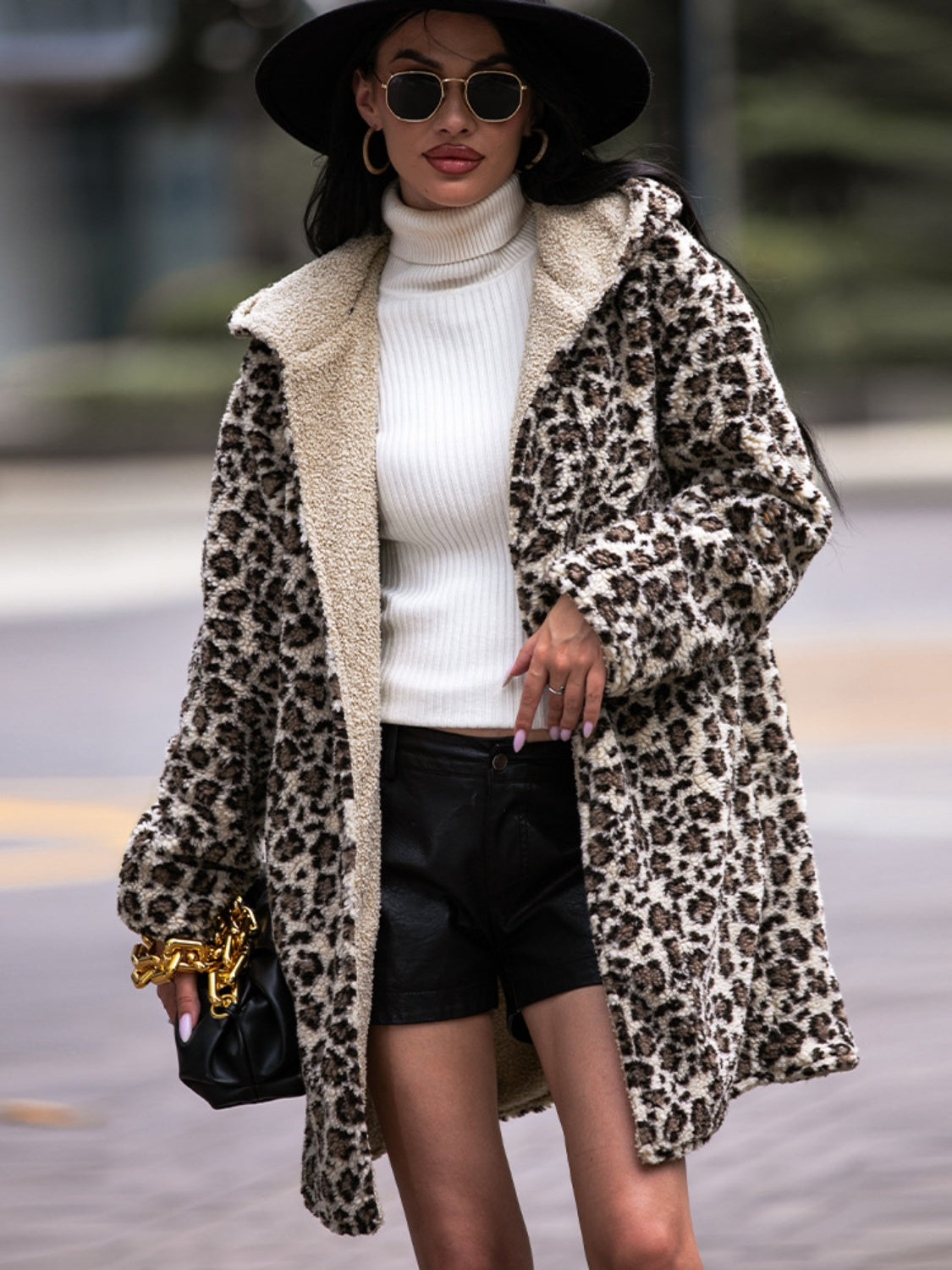 Shiny Leopard Print Hooded Teddy Coat - kinko