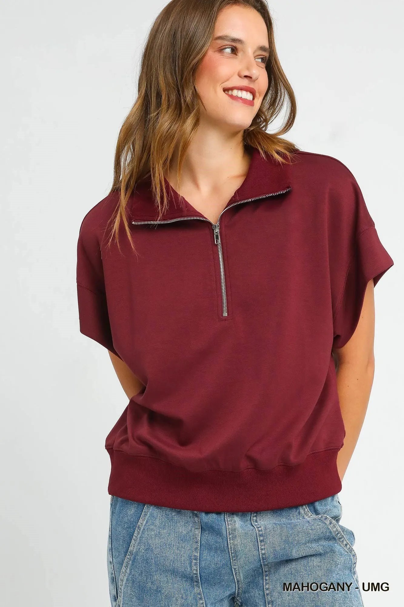 Umgee Full Size Half-Zip Short Sleeve Top Plus Size - kinko