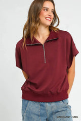 Umgee Full Size Half-Zip Short Sleeve Top Plus Size - kinko