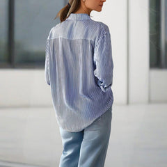 Women's Elegant Striped Long Sleeve Shirt - Pointed Lapel Collar With Chest Pocket, Button-Up Casual Blouse For Spring&Fall - kinko