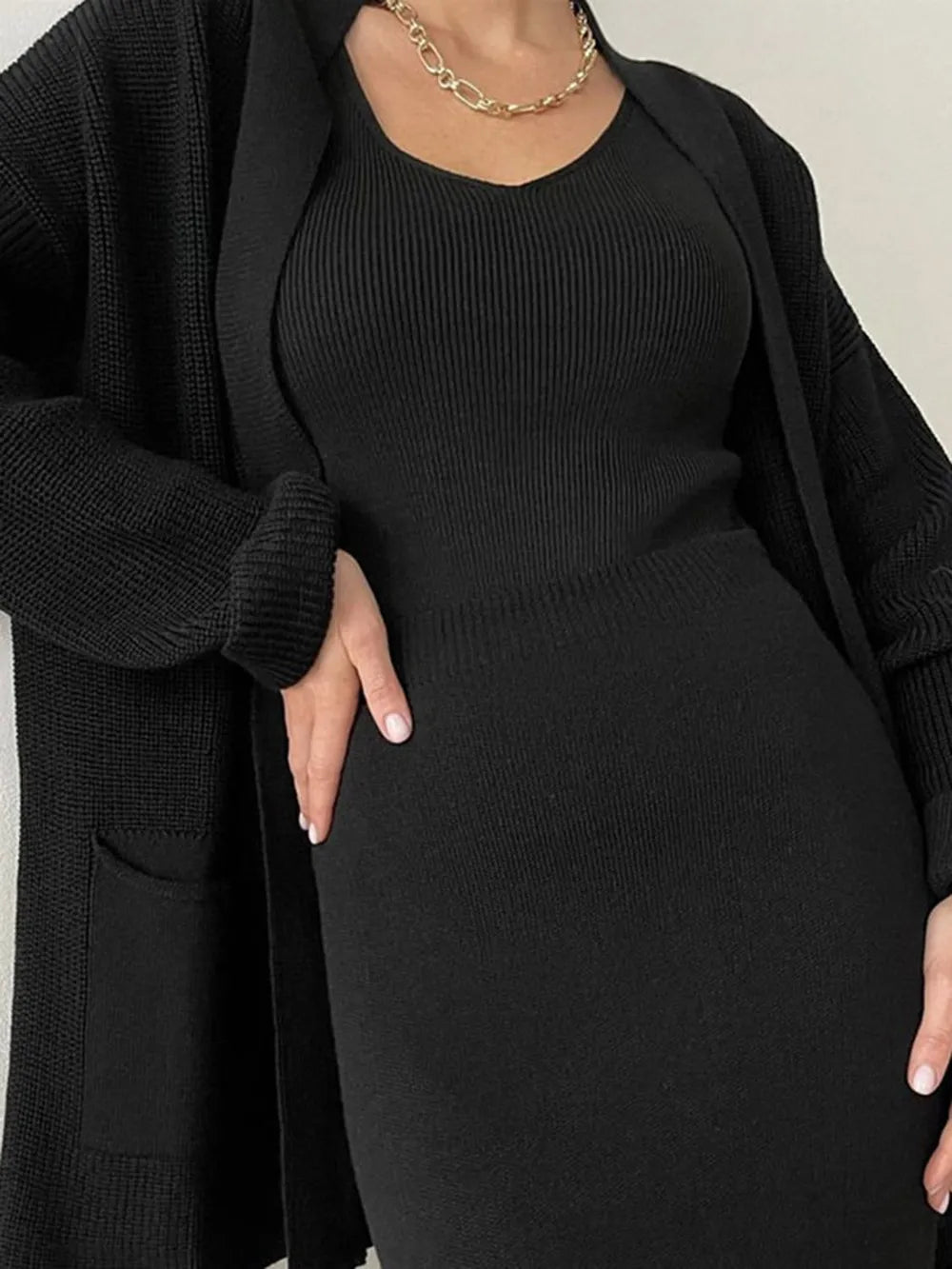 Pocketed Long Sleeve Cardigan and Skirt Sweater Set - kinko