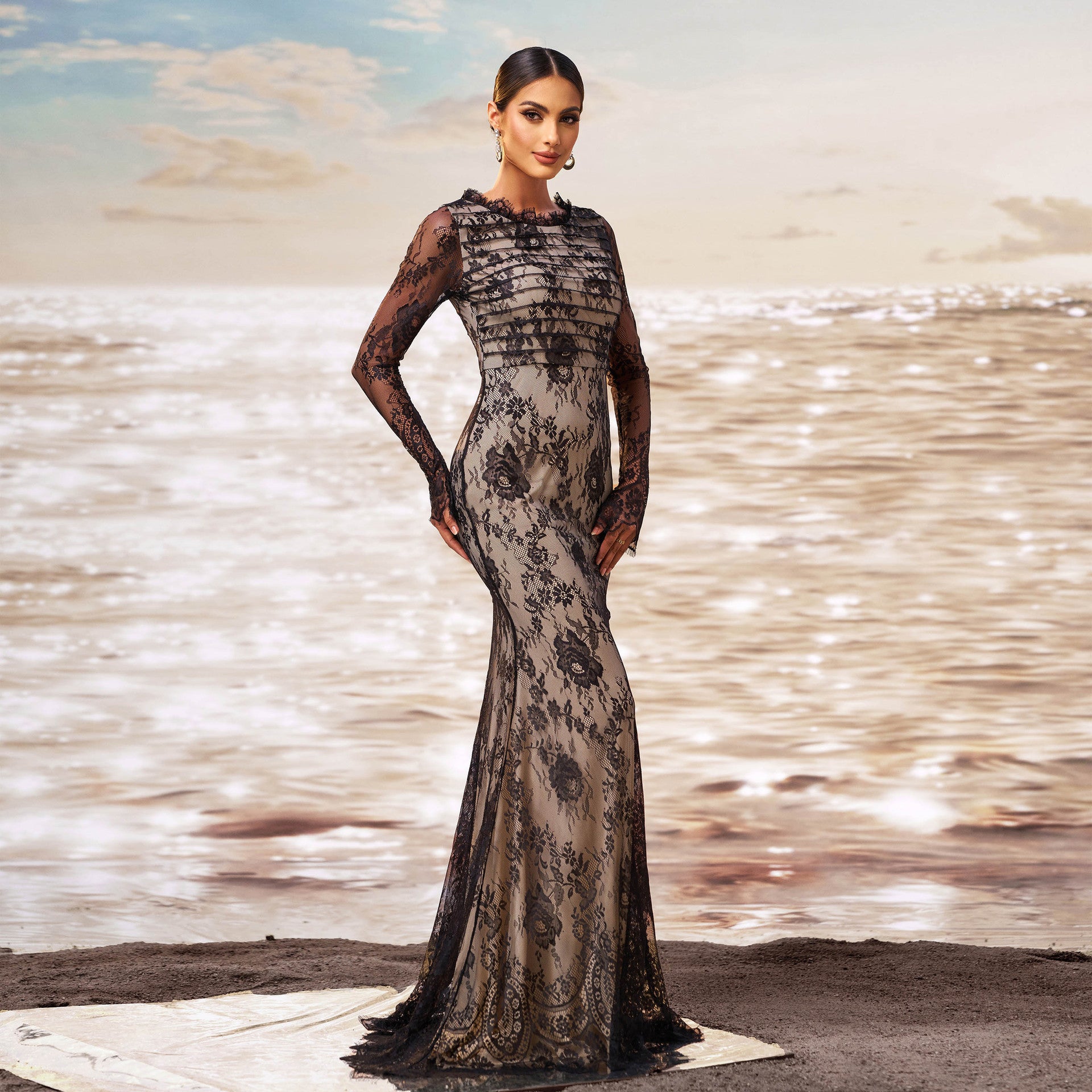 Long Sleeve Round Collar Gauze Sheath Fishtail Evening Dress - kinko