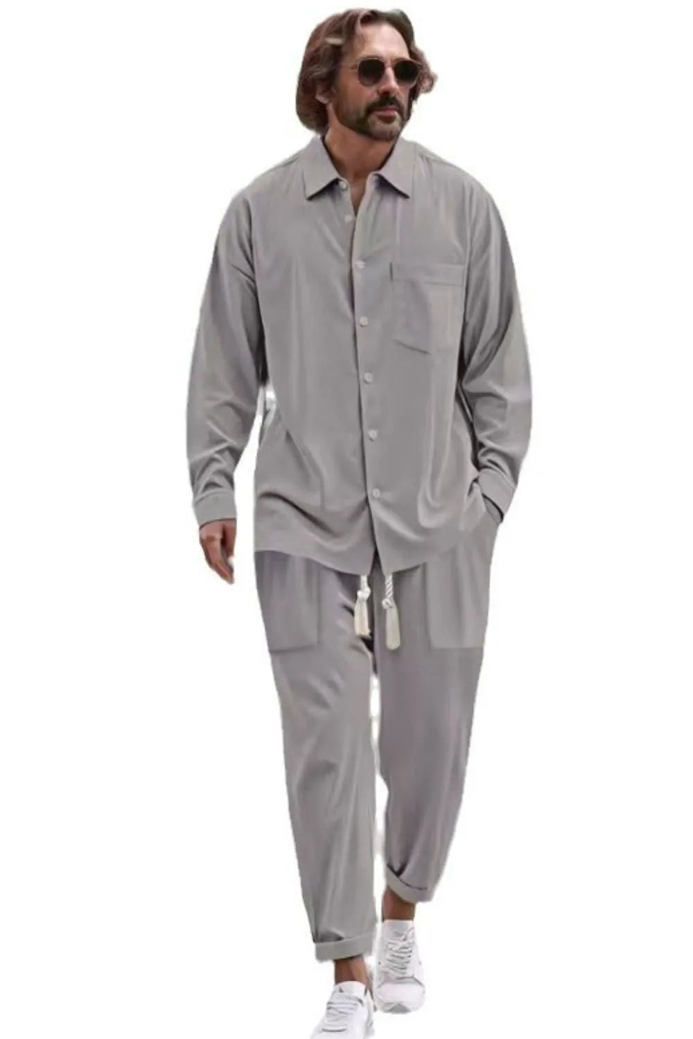 Men's Collared Neck Long Sleeve Top and Pants Set Plus Size - kinko