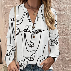 Women's V-neck Fashionable Button Printed Long Sleeved Shirt Top - kinko