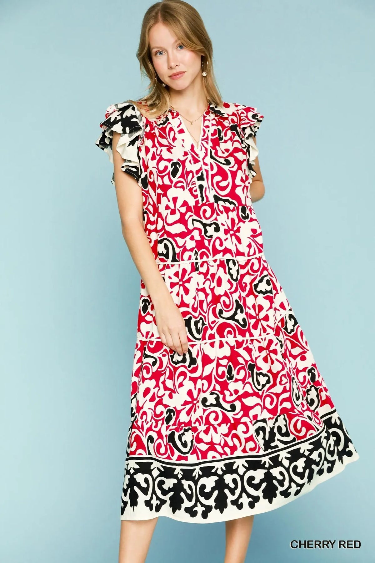 Umgee Printed Ruffled Cap Sleeve Midi Dress - kinko