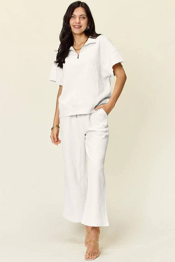 Double Take – Set aus kurzärmligem Oberteil und Hose in voller Größe mit halblangem Reißverschluss