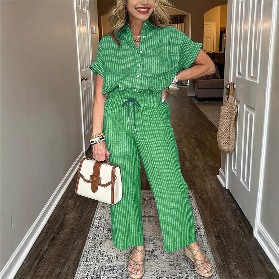 Women's Striped Suit Lapel Short Sleeve Straight Idle Style Trousers - kinko