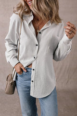 Stripe Roll-tab Sleeve Pocketed Long Shirt - kinko