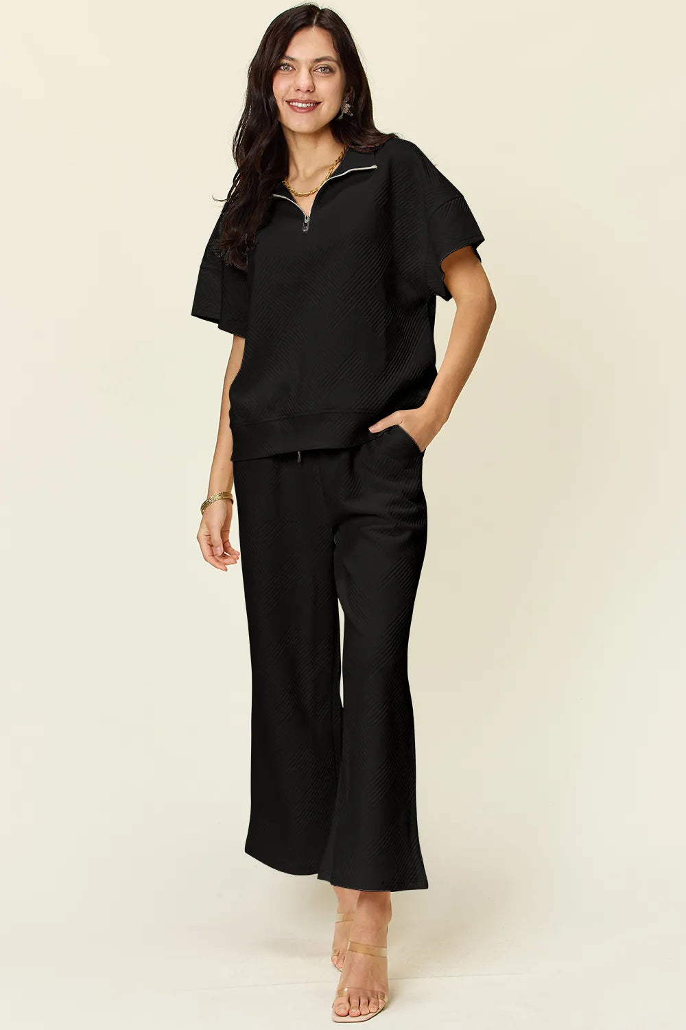 Double Take Full Size Texture Half Zip Short Sleeve Top and Pants Set - kinko