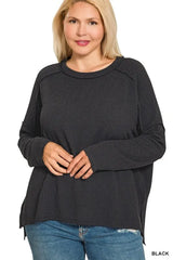 Zenana Full Size Exposed Seam Long Sleeve Corded Rib Knit Top Plus Size - kinko