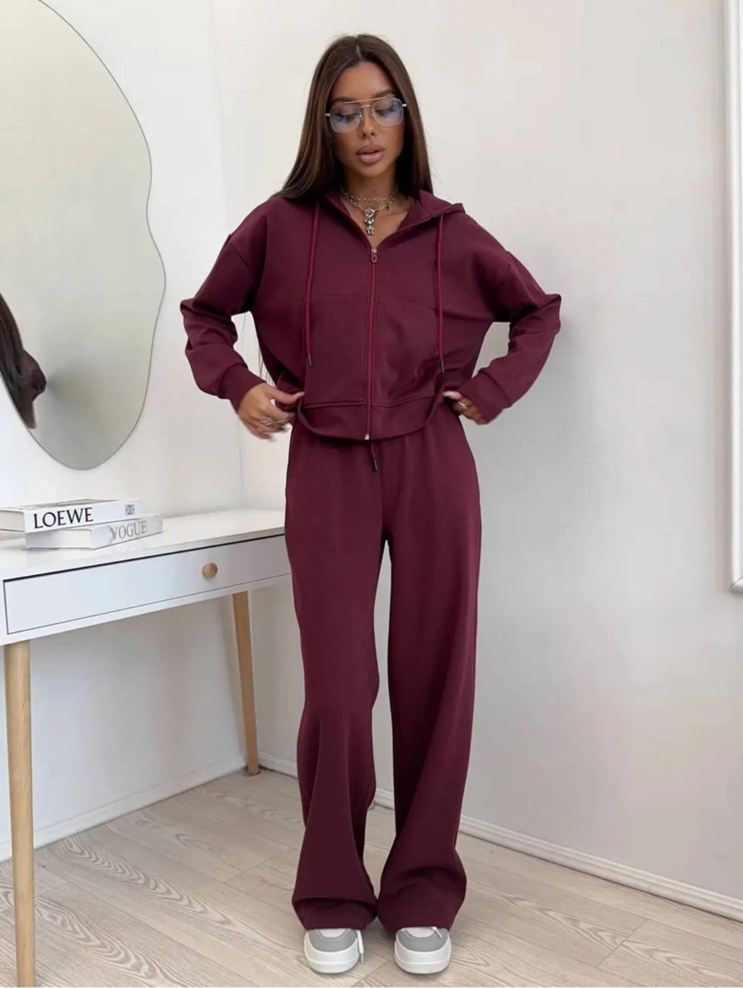 European And American Solid Color Long Sleeve Zipper Cardigan Hoodie Lace-up Trousers Two-piece Set - kinko
