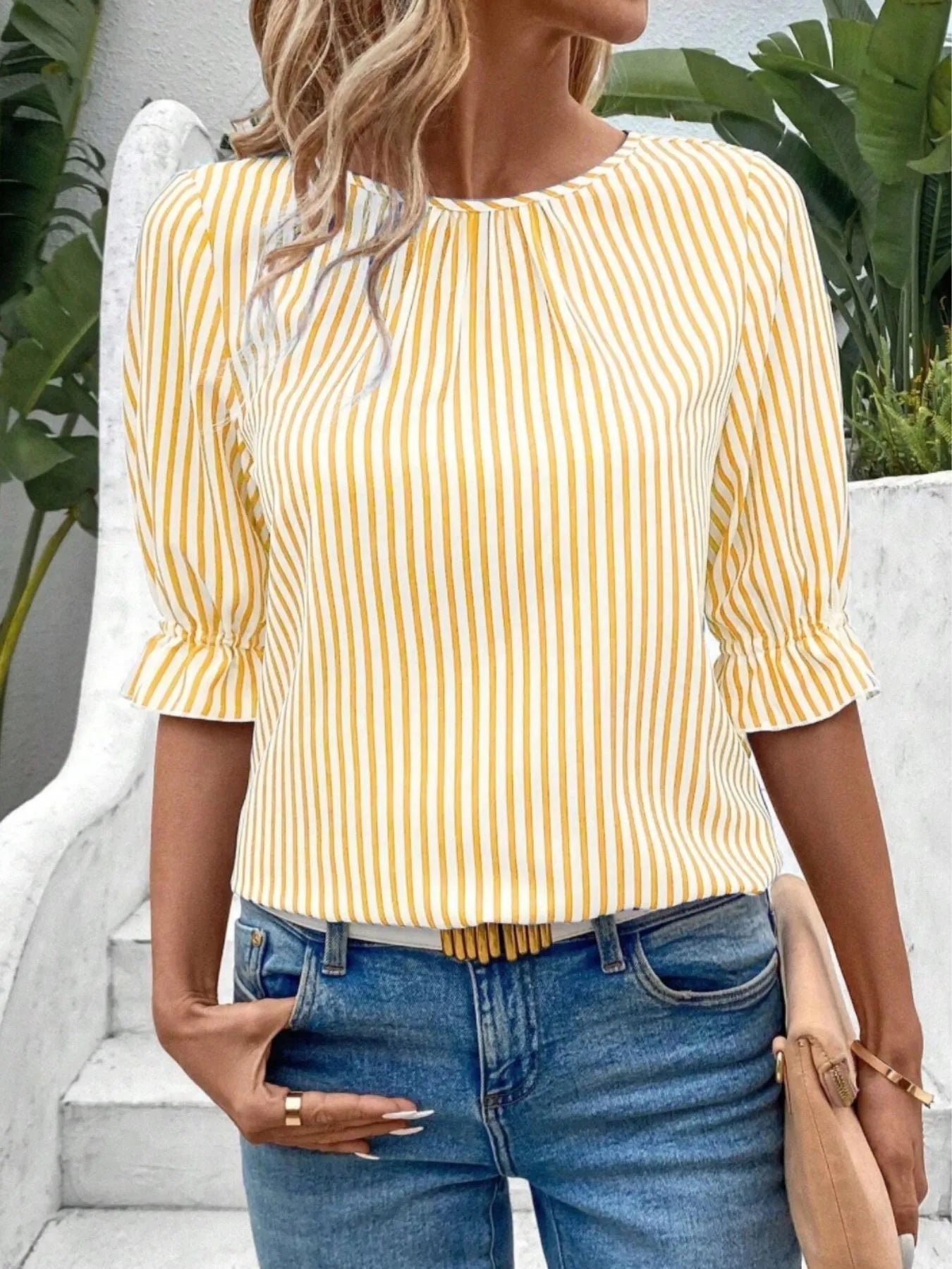 Striped Round Neck Half Sleeve Casual Blouse - kinko