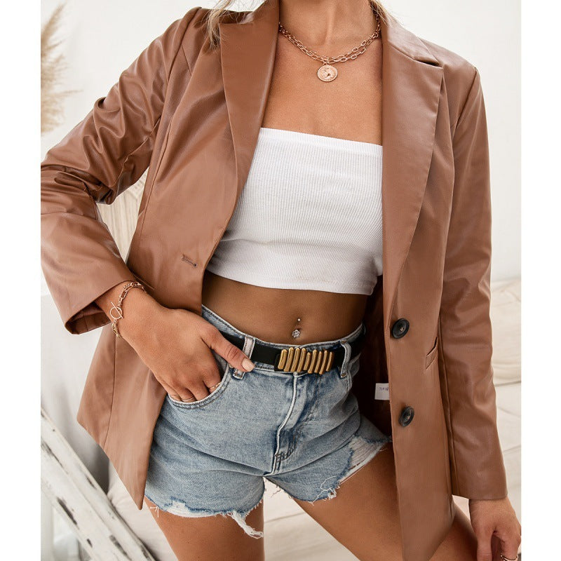 PU Motorcycle Leather Jacket Blazer Top Women - kinko