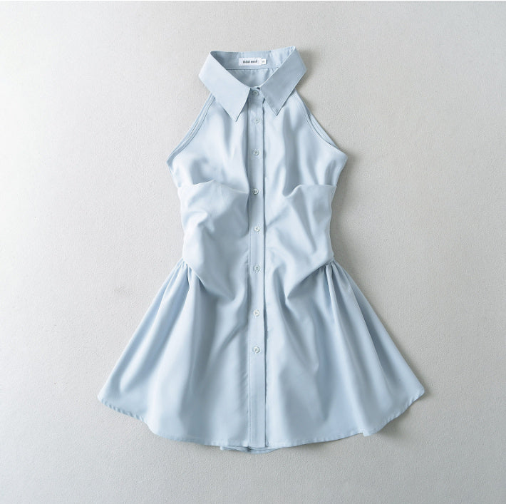 2024 Summer New Pure Desire Style Slim Fit Slimming Waist Pleating Sleeveless Shirt Dress Polo Collar Dress - kinko