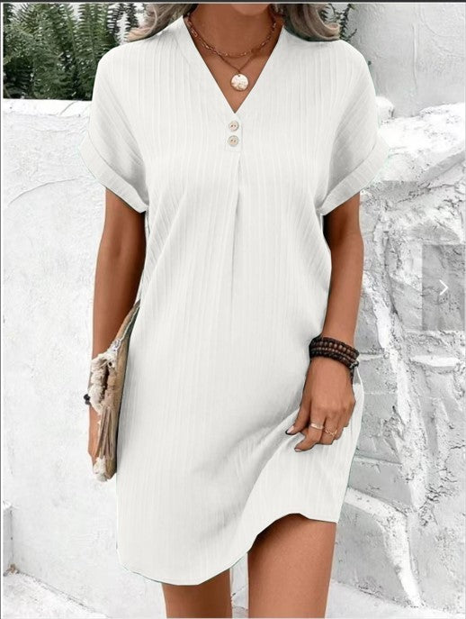 Fashion V-neck Short-sleeved Dress Casual Solid Strip Button Dresses Womens Clothing - kinko