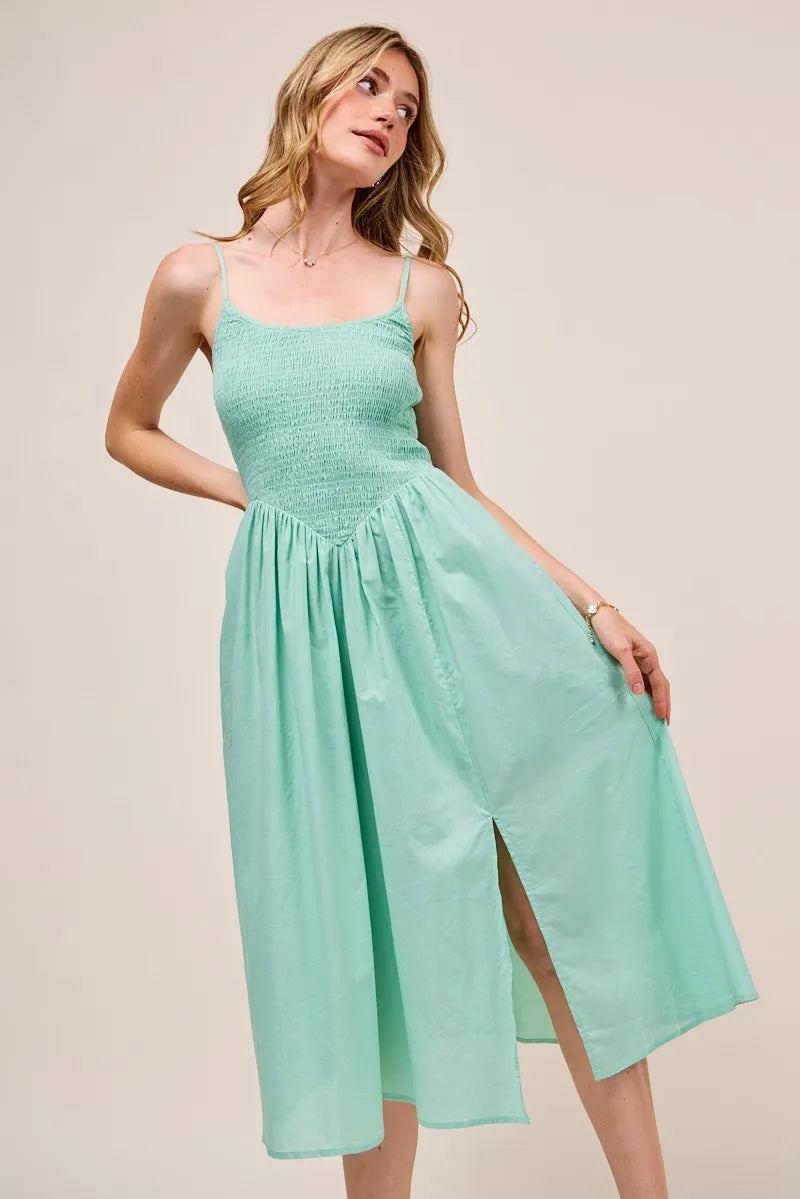 SO ME Smocked Sleeveless Casual Everyday Dress With Slit - kinko