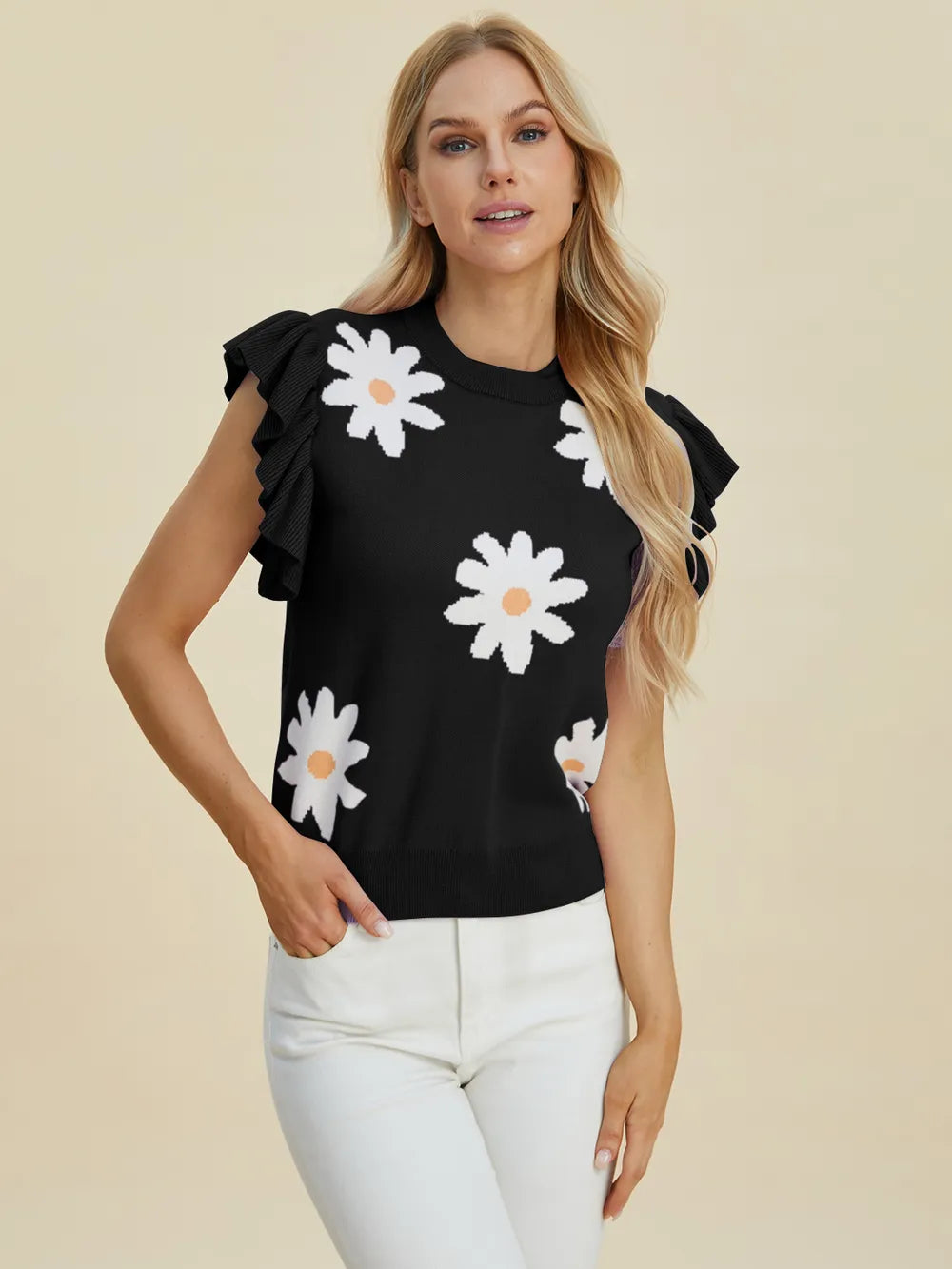 Double Take Full Size Ruffled Flower Round Neck Cap Sleeve Sweater - kinko