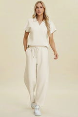 Double Take Full Size Collared Neck Short Sleeve Top and Pants Set - kinko