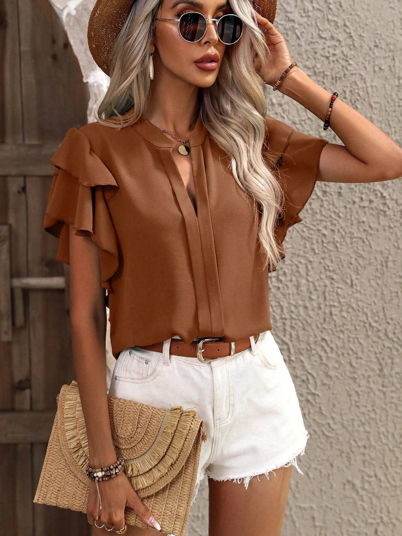 Ruffle Sleeve Notched Blouse - kinko