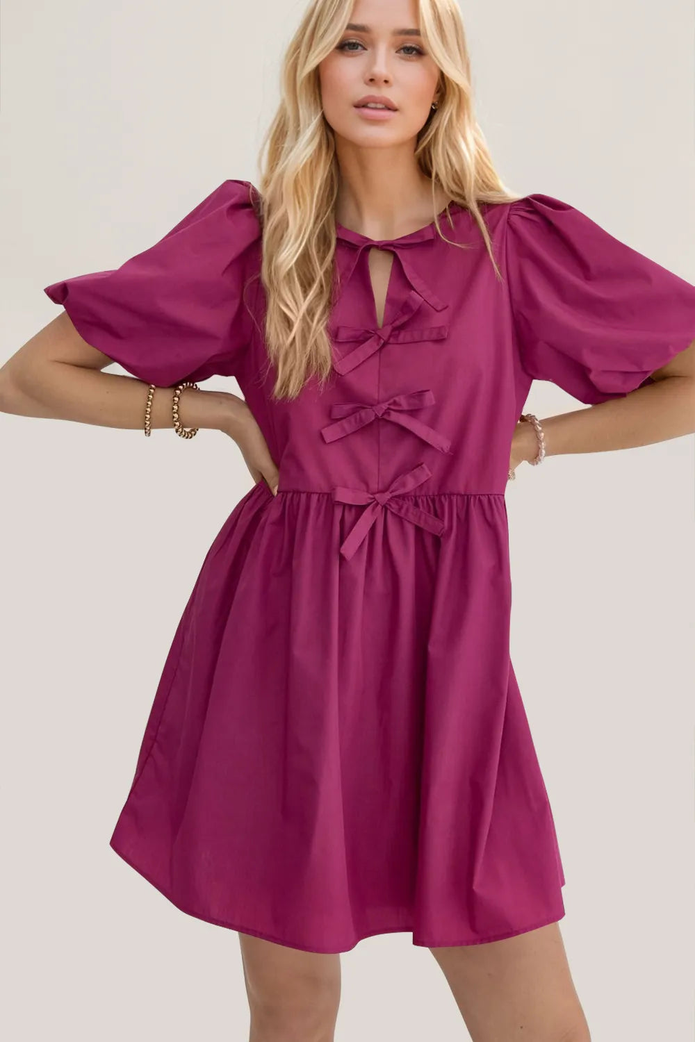 Oh Bow Ruched Puff Sleeve Mini Dress - kinko