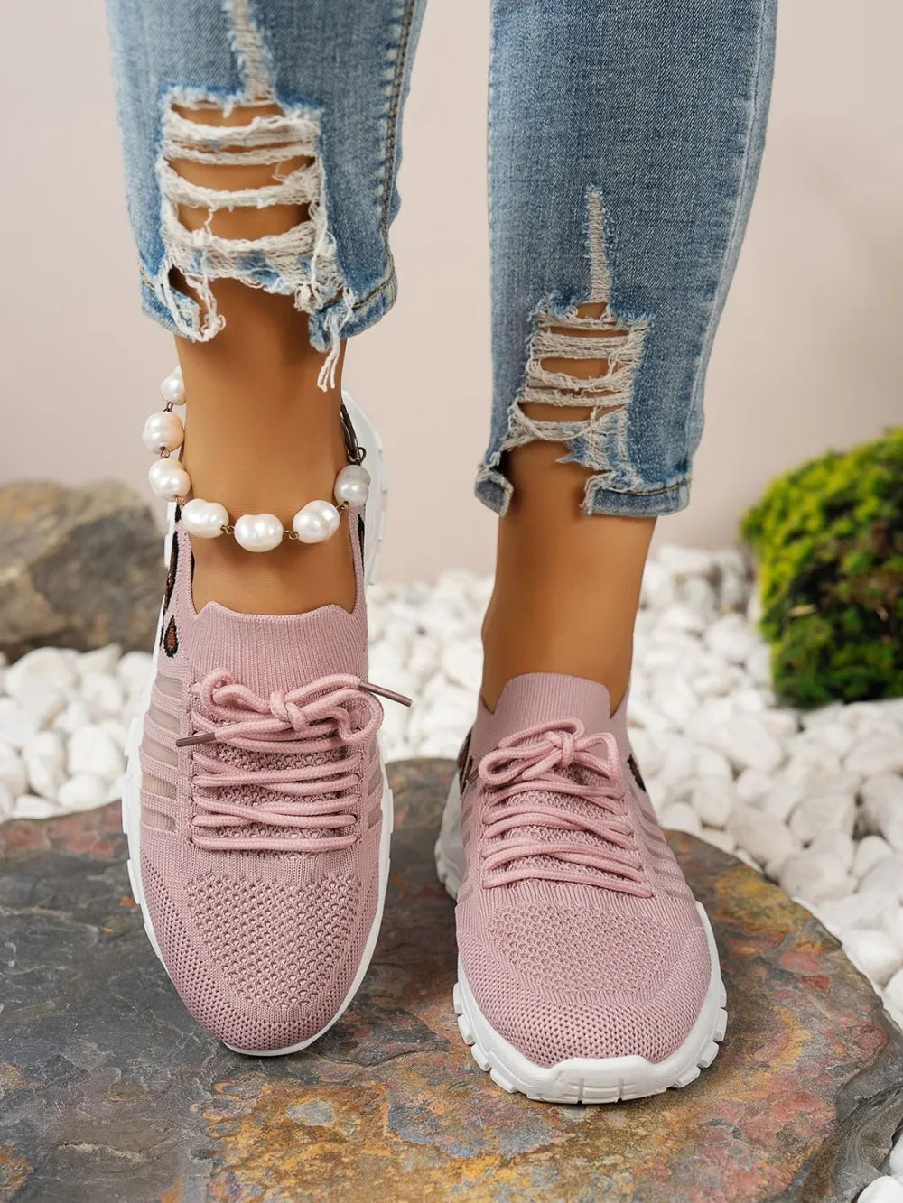 Cutout Leopard Lace Up Mesh Athletic - kinko