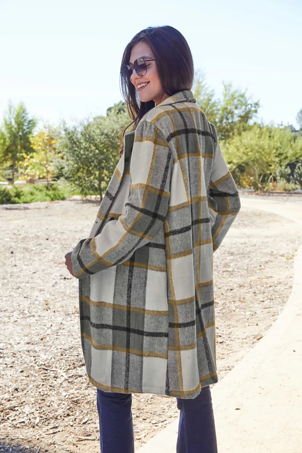 Double Take Full Size Plaid Button Up Lapel Collar Coat - kinko
