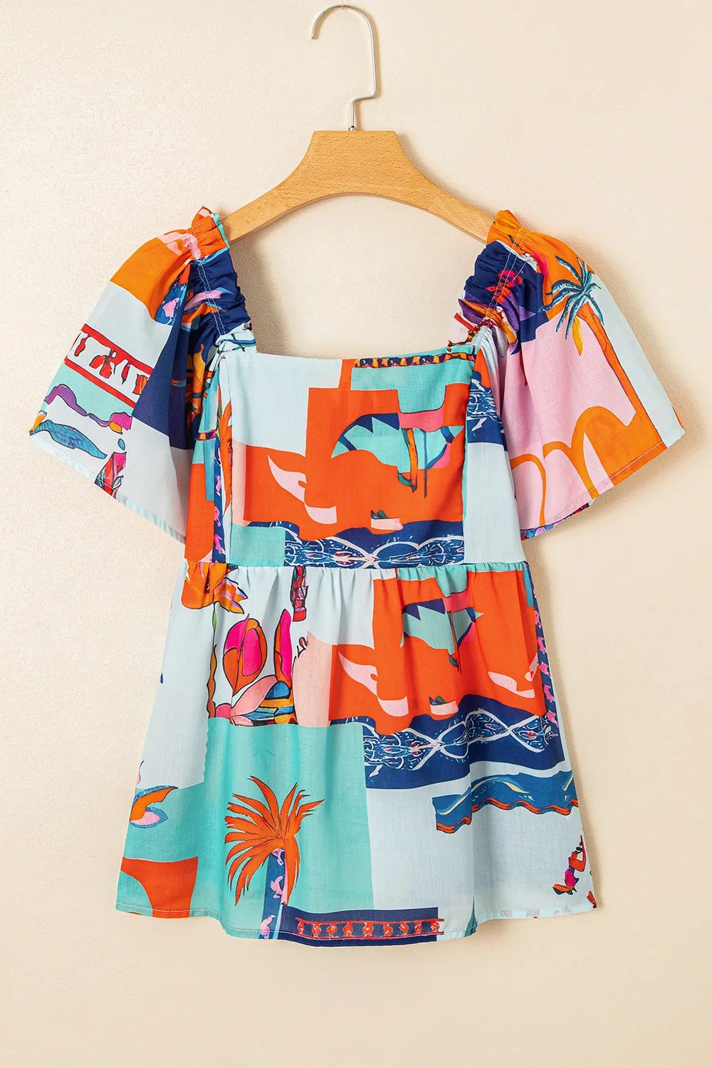 Printed Square Neck Ruffled Short Sleeve Blouse - kinko