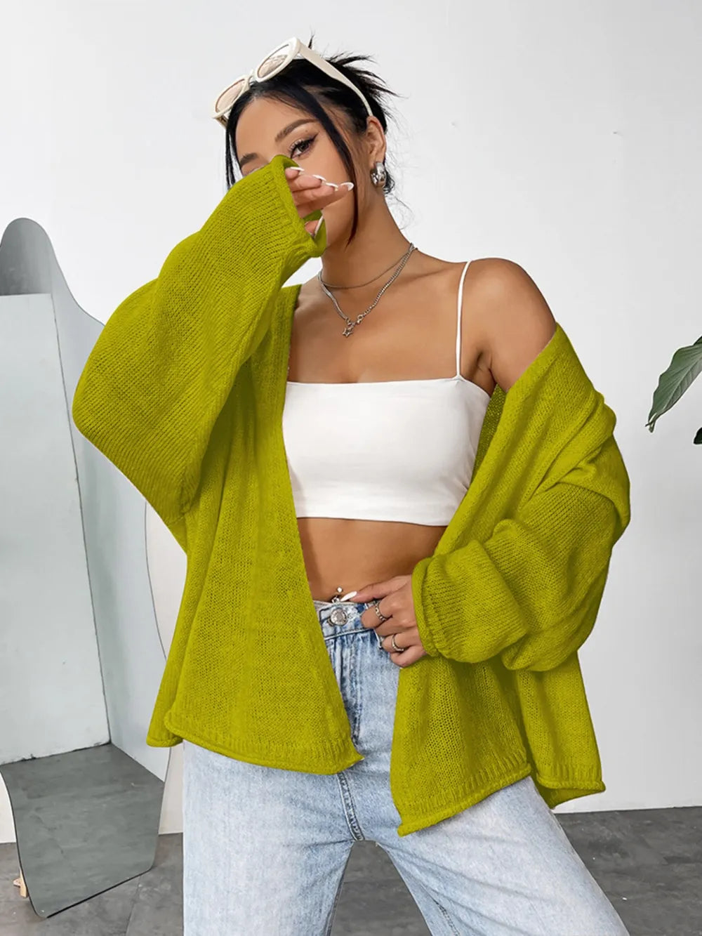Open Front Dropped Shoulder Cardigan - kinko