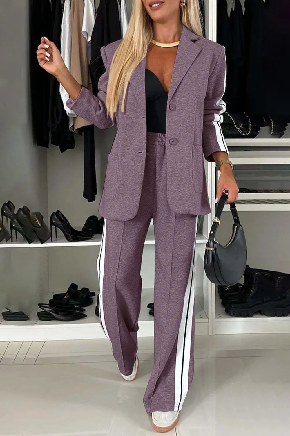Full Size Contrast Lapel Collar Top and Pants Set - kinko